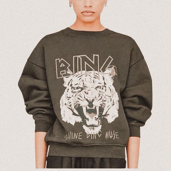 Anine Bing Sweaters - ANINE BING forest green White Tiger Graphic Pullover S | Organic Cotton Street L